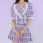 Set : High-waist Plaid Skirt / Cropped Plaid Shirt