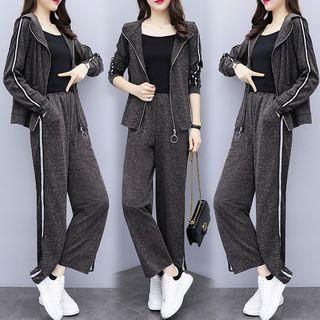 Set: Contrast Trim Hooded Jacket + Wide Leg Pants