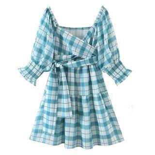 Plaid Tie-waist Short-sleeve Mini A-line Dress