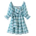 Plaid Tie-waist Short-sleeve Mini A-line Dress