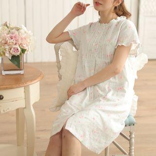 Flower Print Ruffled Short-sleeve Nightdress