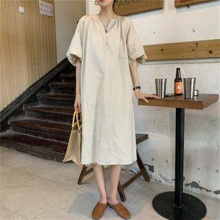 Short-sleeve Plain Tie-waist Midi Dress