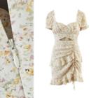 Puff-sleeve Floral Drawstring Cutout Mini Sheath Dress