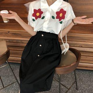 Set: Short-sleeve Flower Print Blouse + Midi A-line Skirt