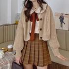 Cardigan / Tie-neck Shirt / Plaid Pleated Skirt