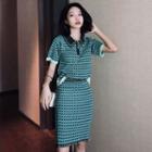 Two-piece Plaid Knitted T-shirt & A-line Skirt