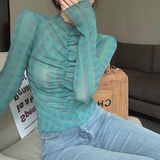 Long-sleeve Plaid T-shirt Peacock Blue - One Size
