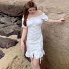 Short-sleeve Off-shoulder Drawstring Mini Sheath Dress