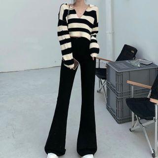 Striped Cropped Sweater / High-waist Boot-cut Pants