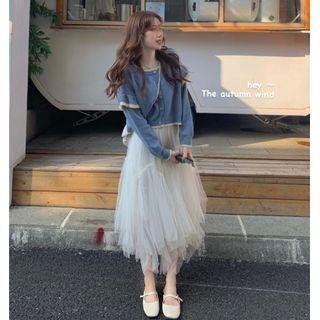 Frill Trim Cardigan / Irregular Midi A-line Mesh Skirt