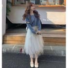 Frill Trim Cardigan / Irregular Midi A-line Mesh Skirt
