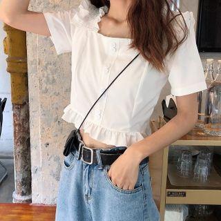 Ruffle Trim Short-sleeve Square-neck Cropped Blouse
