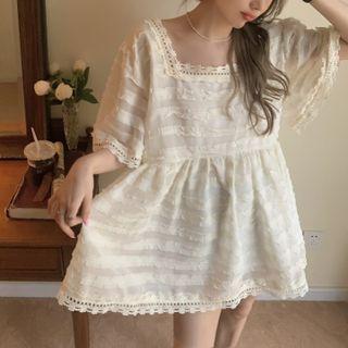 Elbow-sleeve Lace Trim Mini A-line Dress Almond - One Size