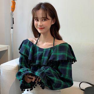 Plaid Cold Shoulder Ruffle Blouse