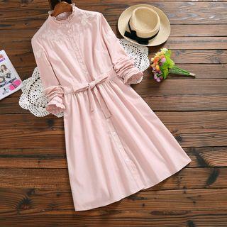 Floral Embroidered Frilled Neck Long-sleeve A-line Dress