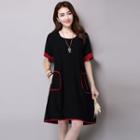 Short-sleeve Contrast Trim A-line Dress