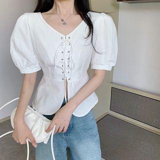 Puff-sleeve Lace-up Top White - One Size