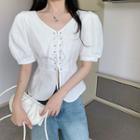 Puff-sleeve Lace-up Top White - One Size