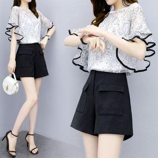 Set: Elbow-sleeve Lace Blouse + Wide-leg Shorts
