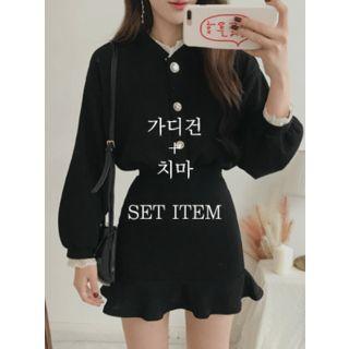 Set: Lace-trim Jewel-button Cardigan + Ruffle-hem Miniskirt