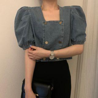 Puff-sleeve Square Neck Double Breasted Denim Top Blue - One Size