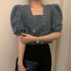 Puff-sleeve Square Neck Double Breasted Denim Top Blue - One Size