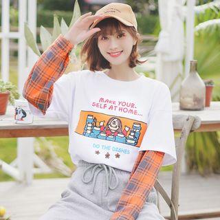 Mock Two-piece Long-sleeve Cartoon T-shirt