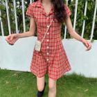 Short-sleeve Plaid Mini Dress Red - One Size