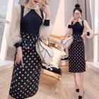 Set: Puff-sleeve Mesh Blouse + Dotted Skirt + Corset