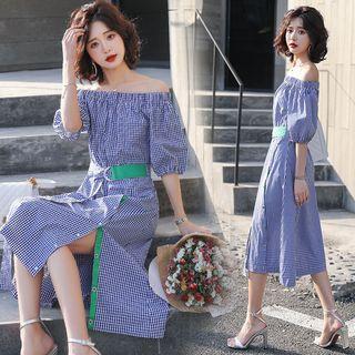 Short Sleeve Gingham Midi A-line Dress