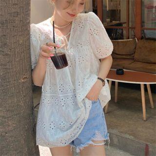 Cutout Puff-sleeve V-neck Short-sleeve Top
