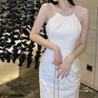 Halter-neck Faux Pearl Strap Midi A-line Dress