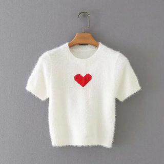 Short-sleeve Heart Print Knit Crop Top Heart Print - White - One Size