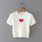 Short-sleeve Heart Print Knit Crop Top Heart Print - White - One Size
