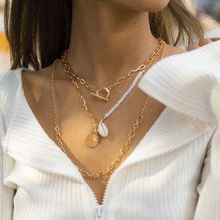 Layered Beaded Chain Necklace 3850 - Gold - One Size