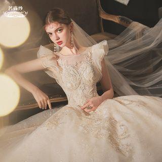 Sequin Embroidered Ruffle Trim Sleeveless Mesh Wedding Ball Gown