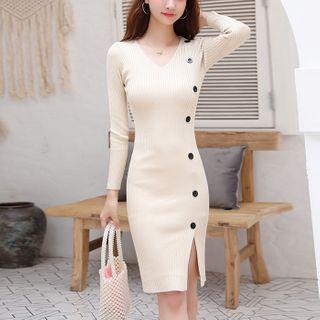Long-sleeve Button-up Sheath Knit Dress