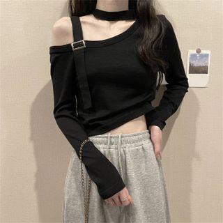 Off-shoulder Halter-neck Long-sleeve Cropped Top