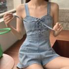 Spaghetti Strap Lace Up Denim Romper