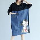 Denim Panel Printed 3/4 Sleeve T-shirt Dress