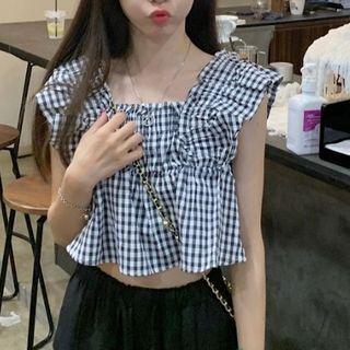 Sleeveless Frill Trim Gingham Check Crop Top Black & White - One Size