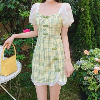 Puff-sleeve Plaid Panel Mini A-line Dress