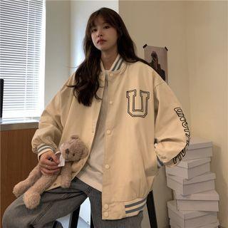 Checkered Letter Embroidered Button-up Jacket
