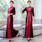 3/4-sleeve Embroidered Velvet Maxi Qipao Dress