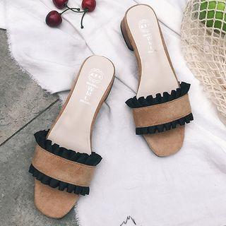 Ruffled Satin Low-heel Slide Sandals