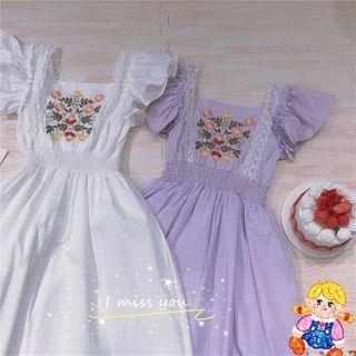 Ruffle-sleeve Floral Embroidered A-line Dress