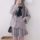 Plaid Blazer / Pleated A-line Skirt / Long Sleeve Blouse