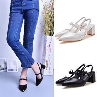 Slingback Chunky-heel Pointed-toe Sandals