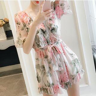 Flower Print Shoulder-tie Chiffon Jumpsuit