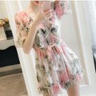 Flower Print Shoulder-tie Chiffon Jumpsuit